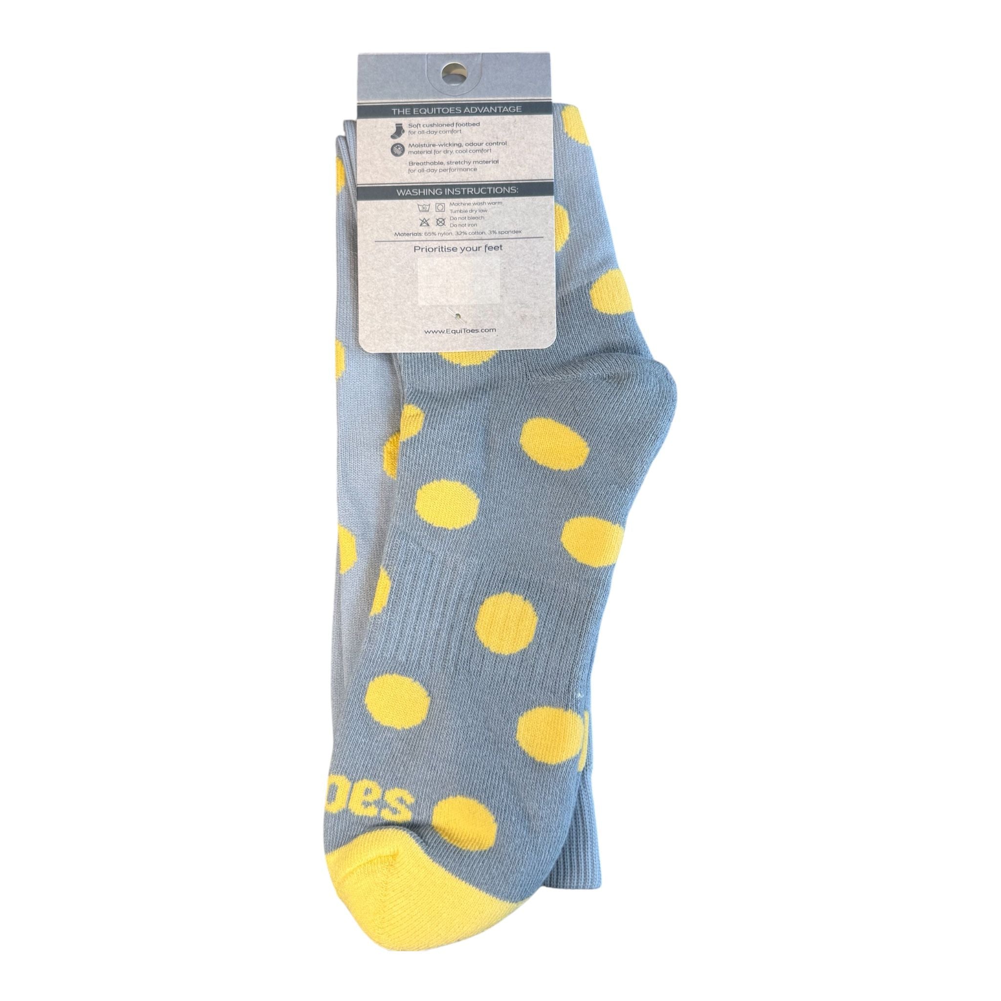 EquiToes Adults Classic Riding Sock Ash Grey With Pastel Yellow Polkadots