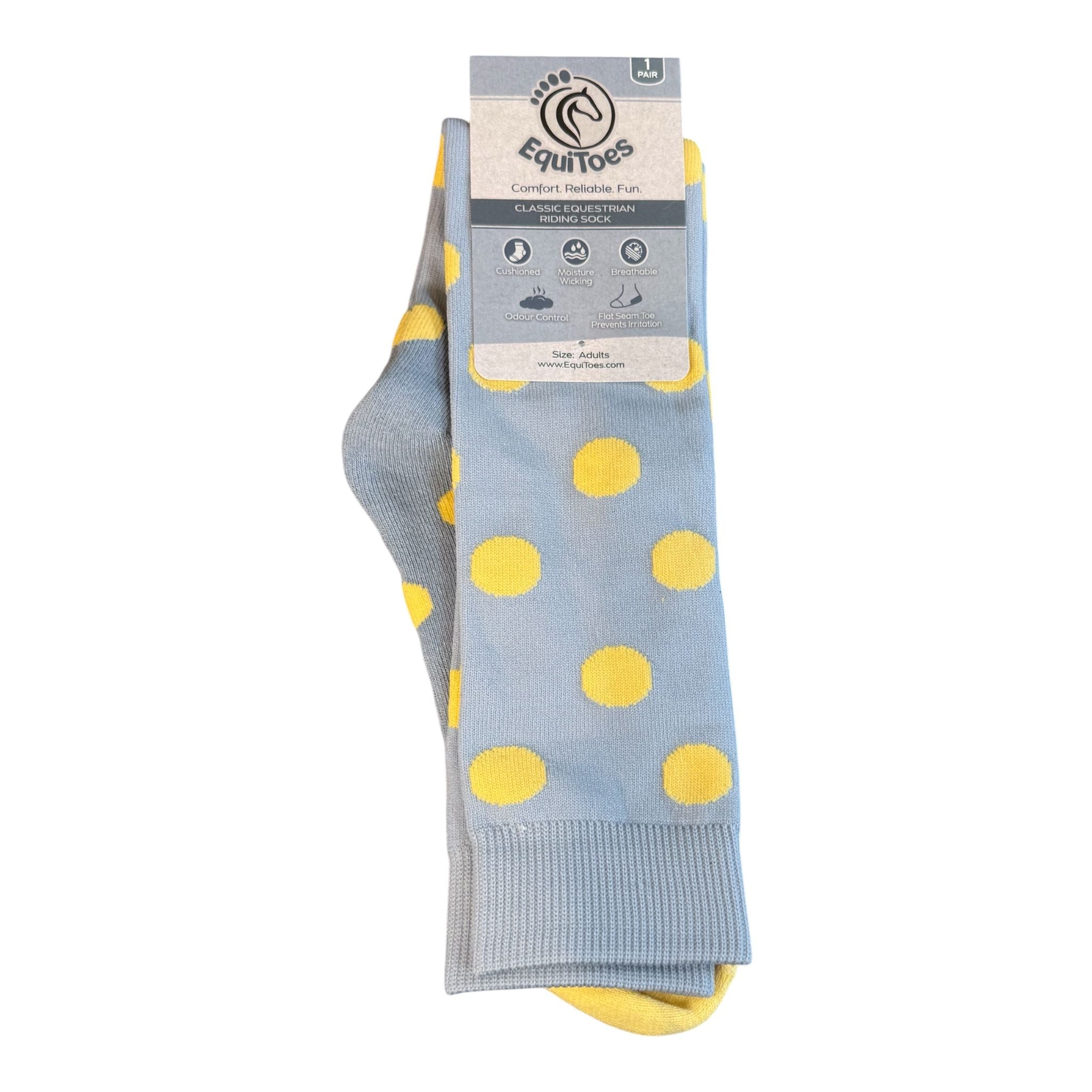 EquiToes Adults Classic Riding Sock Ash Grey With Pastel Yellow Polkadots