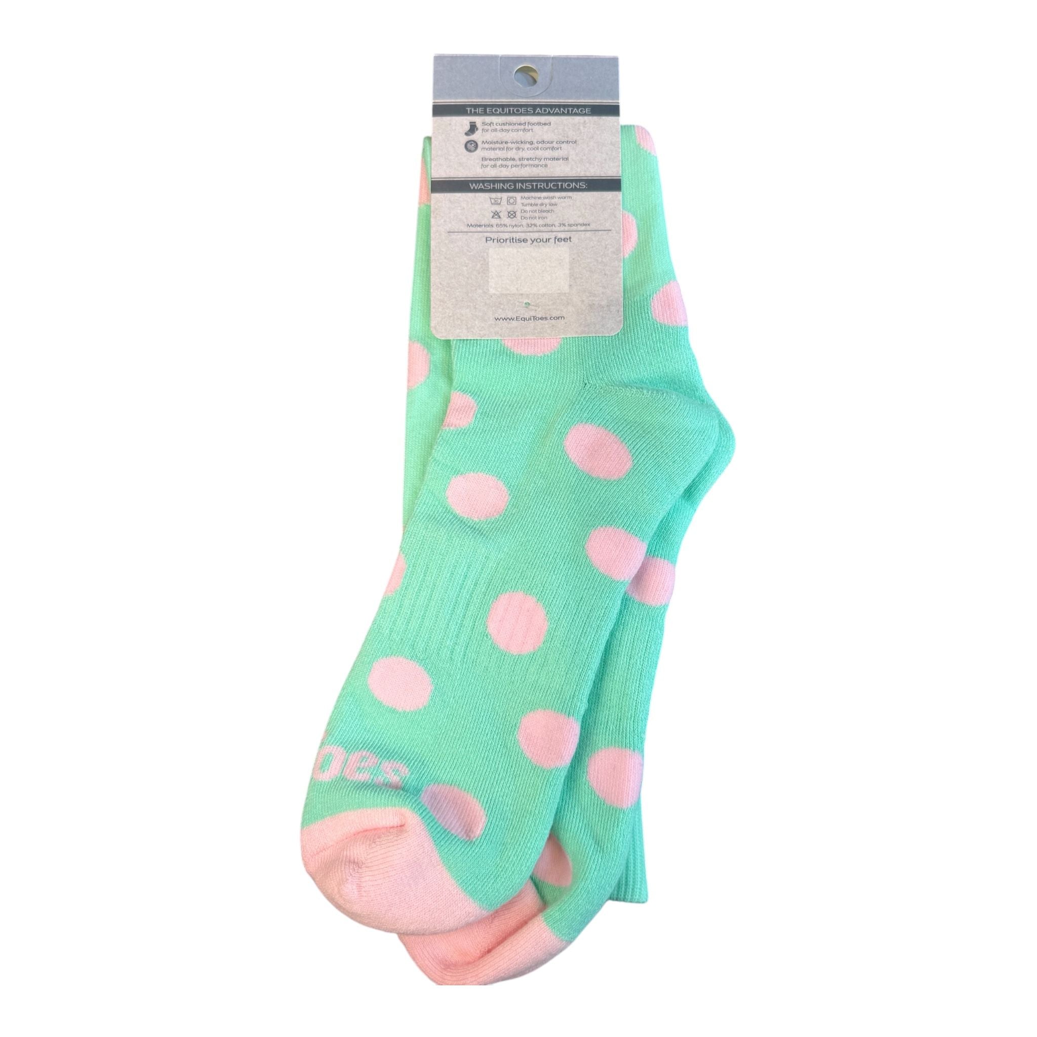 EquiToes Adults Classic Riding Sock Mint Green with Baby Pink Polkadots