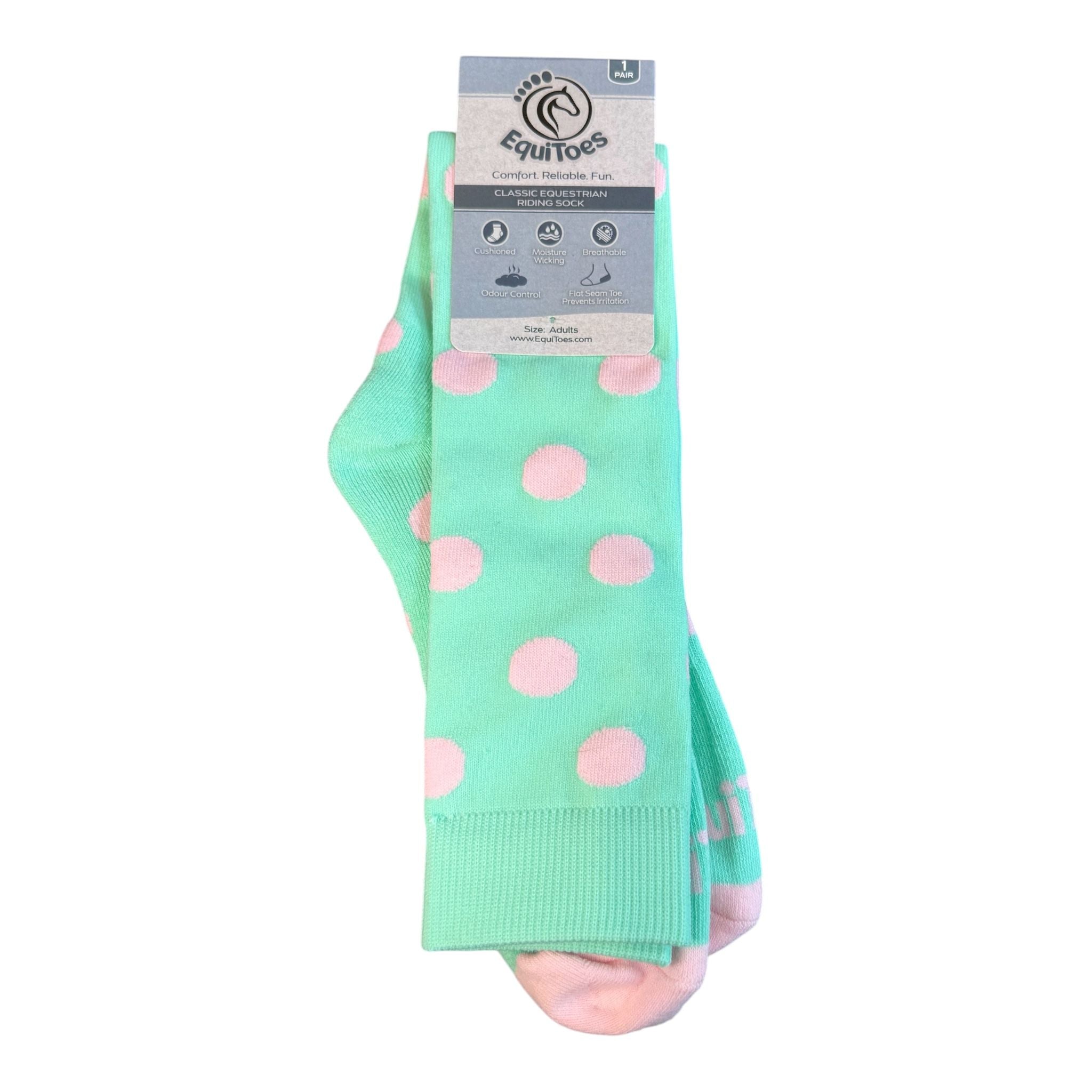 EquiToes Adults Classic Riding Sock Mint Green with Baby Pink Polkadots