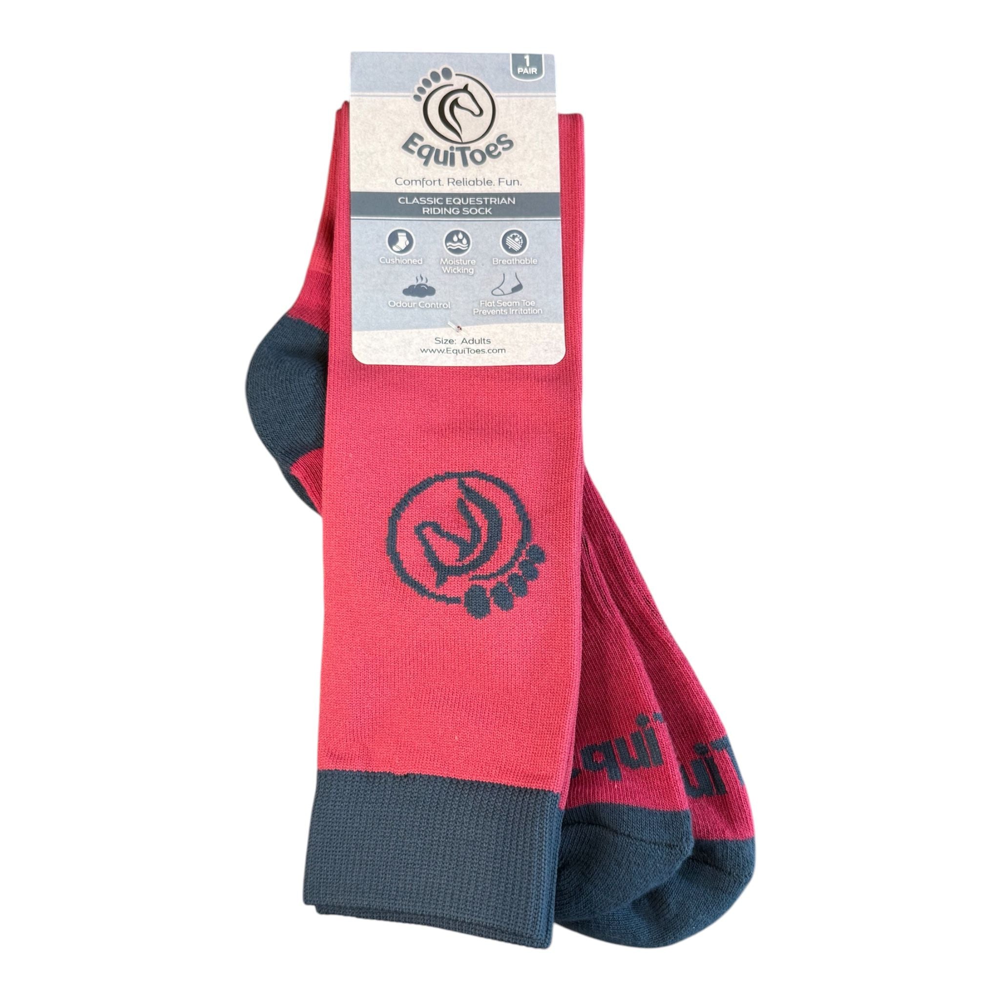 EquiToes Adults Classic Riding Sock Berry Pink With Dark Blue Logo