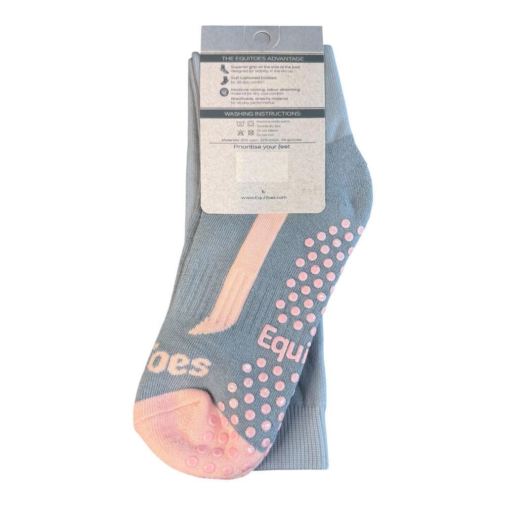 EquiToes Kids Technical  Riding Sock Ash Grey With Powder Pink Logo