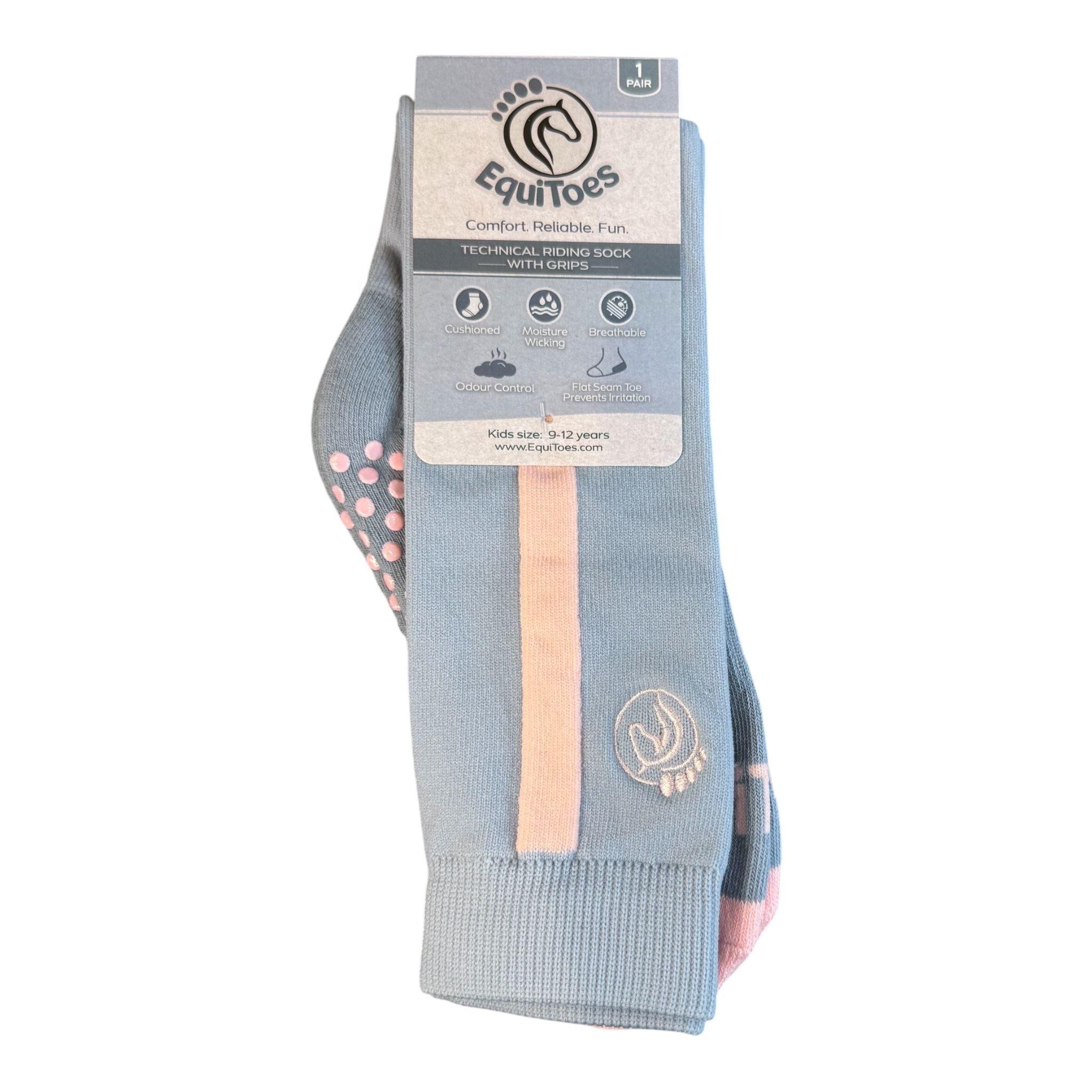 EquiToes Kids Technical  Riding Sock Ash Grey With Powder Pink Logo