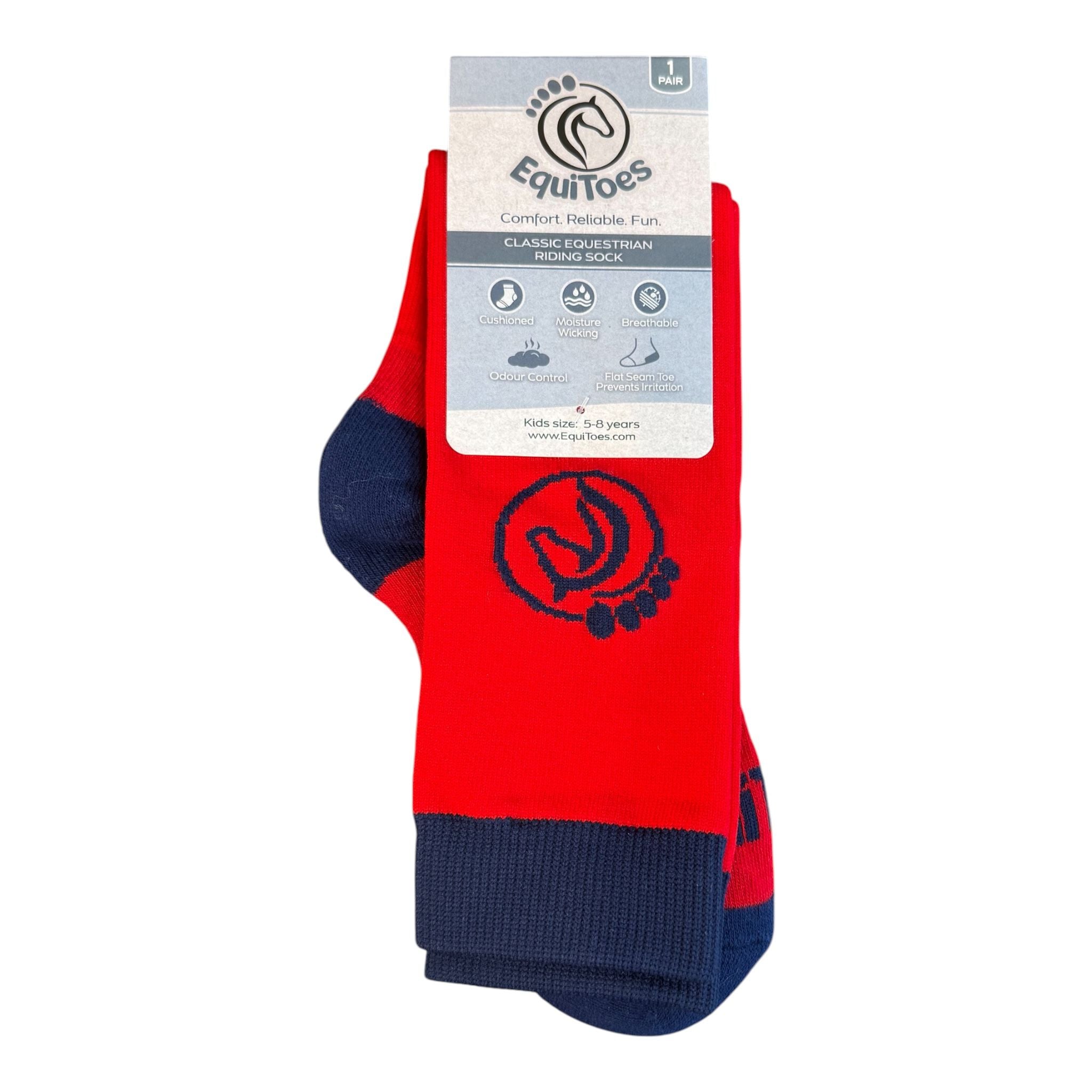 EquiToes Kids Classic Riding Sock Red With Navy Logo