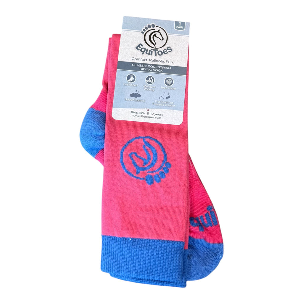 EquiToes Kids Classic Riding Sock Flamingo Pink With Azure Blue Logo