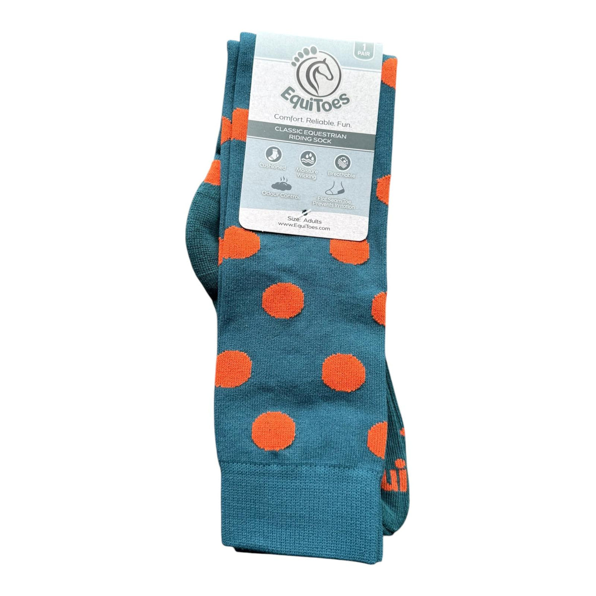 EquiToes Adults Classic Riding Sock Petrol Blue and Burnt Orange Polka dots