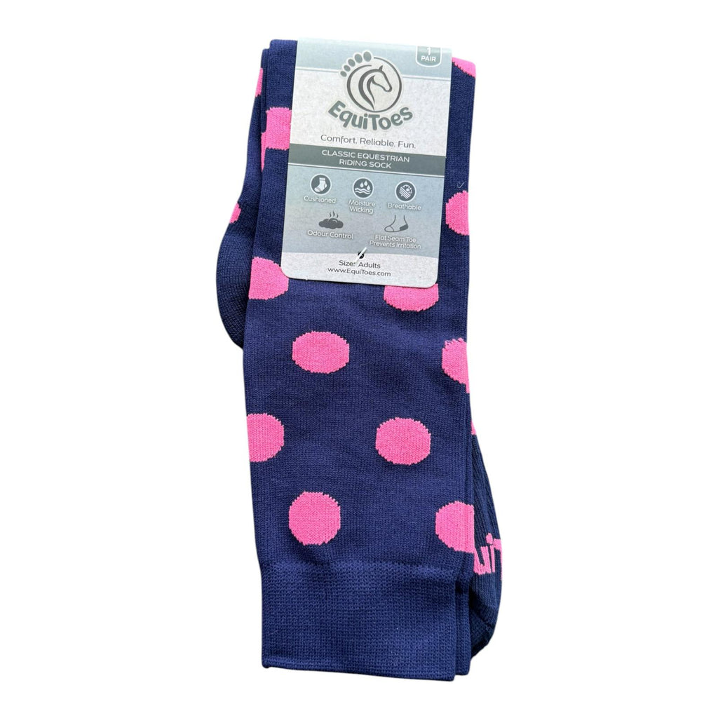 EquiToes Adults Classic Riding Sock Navy and Hot Pink Polka dots