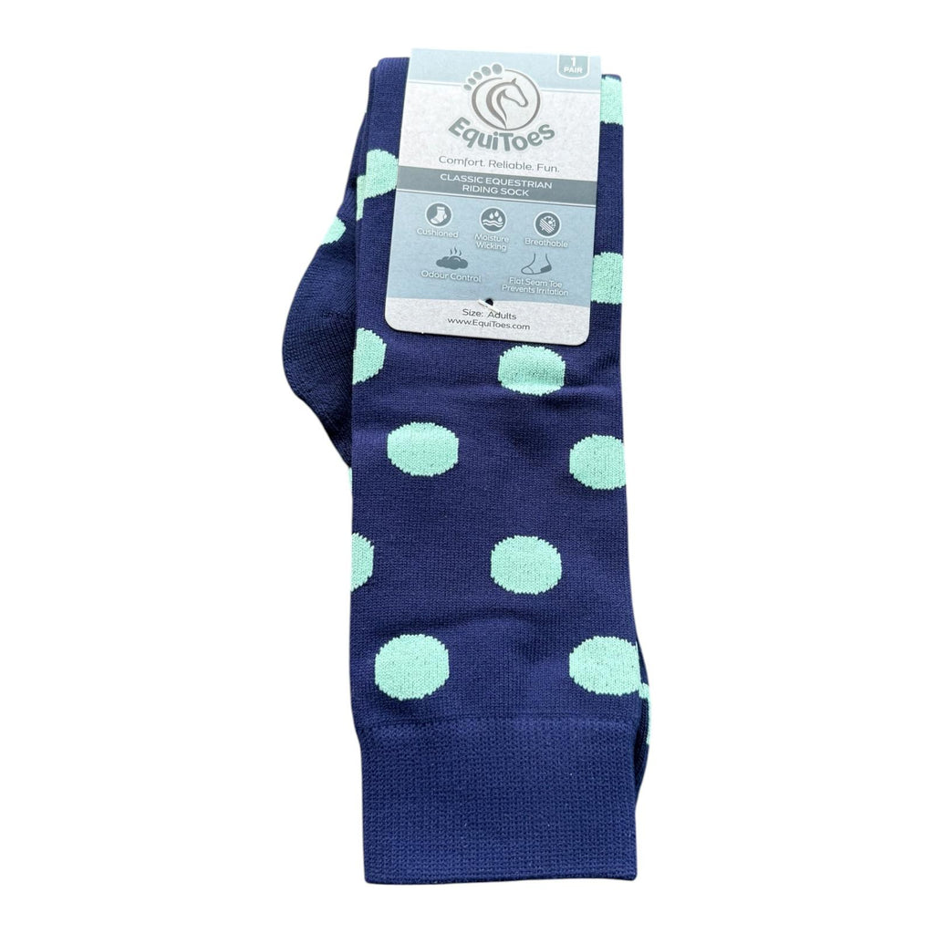 EquiToes Adults Classic Riding Sock Navy and Mint Polka dots