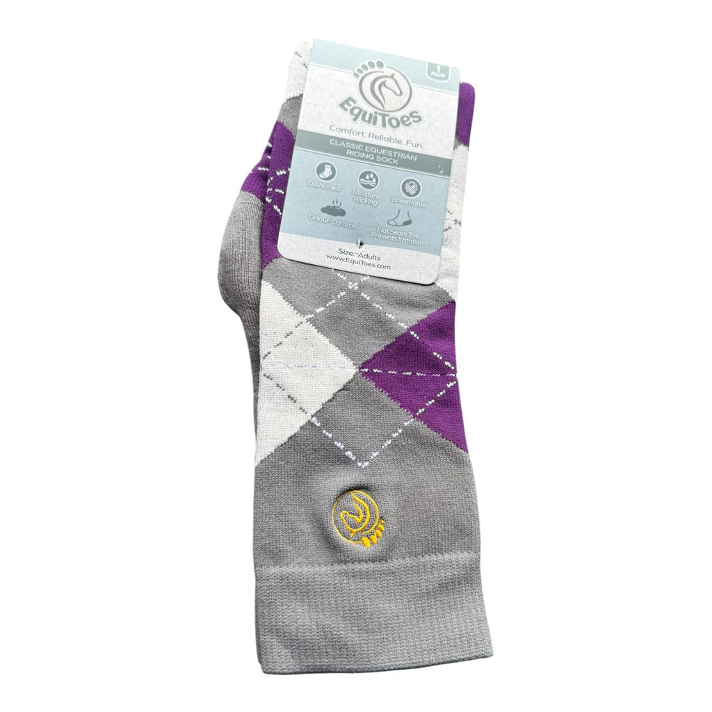 EquiToes Adults Classic Riding Sock Grey and Purple Argyle