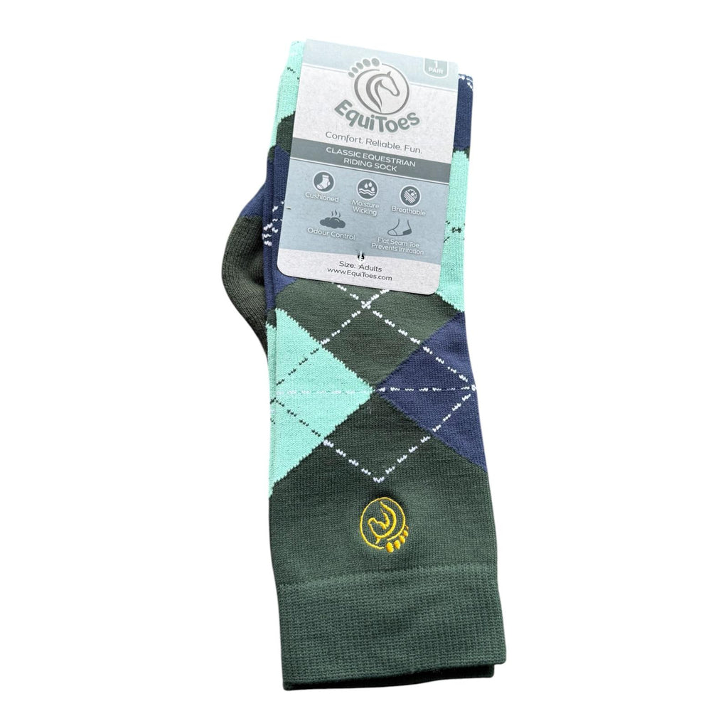 EquiToes Adults Classic Riding Sock Hunter Green and Mint Argyle