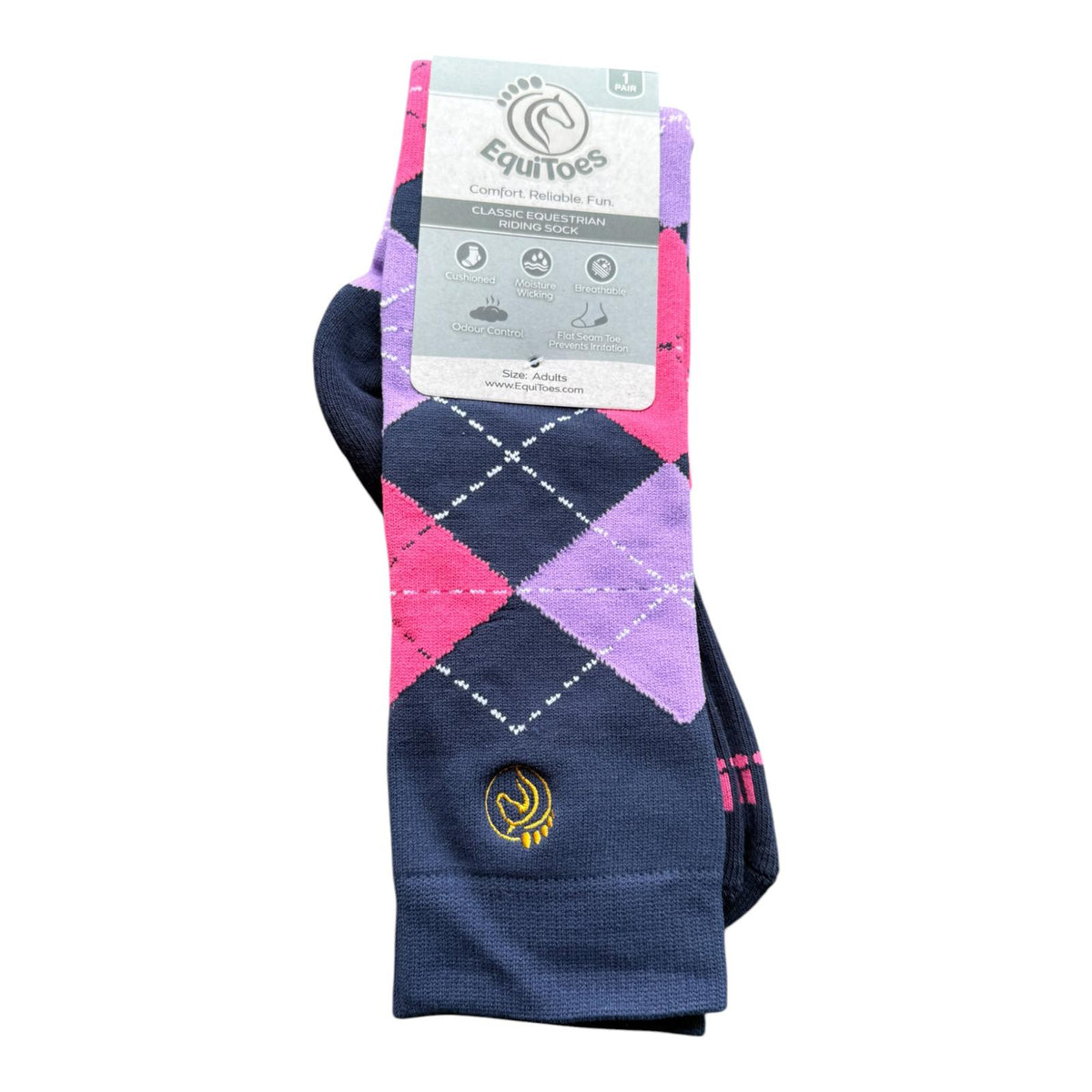 EquiToes Adults Classic Riding Sock Navy and Pink Argyle