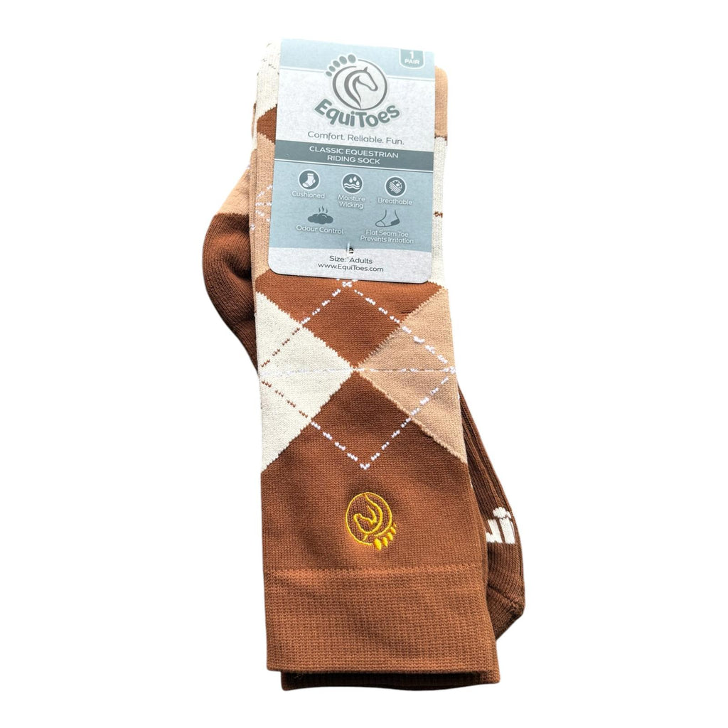 EquiToes Adults Classic Riding Sock Brown and Camel Argyle