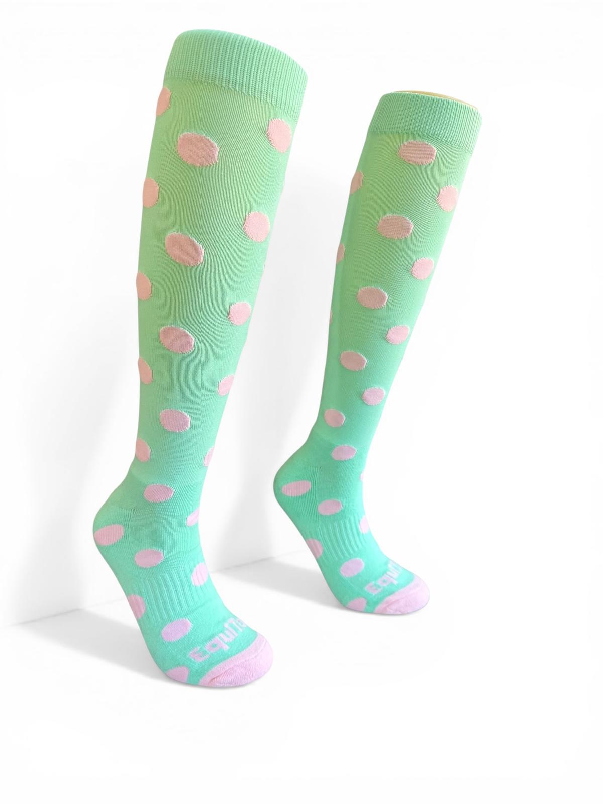 EquiToes Adults Classic Riding Sock Mint Green with Baby Pink Polkadots