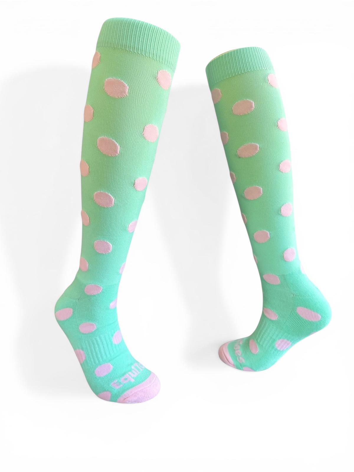 EquiToes Adults Classic Riding Sock Mint Green with Baby Pink Polkadots