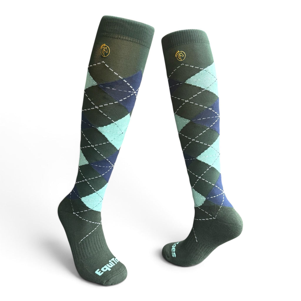 EquiToes Adults Classic Riding Sock Hunter Green and Mint Argyle