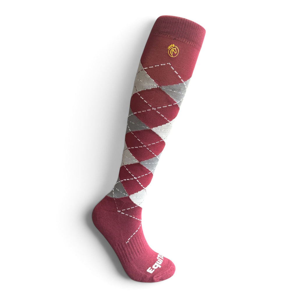 EquiToes Adults Classic Riding Sock Burgundy and Grey Argyle