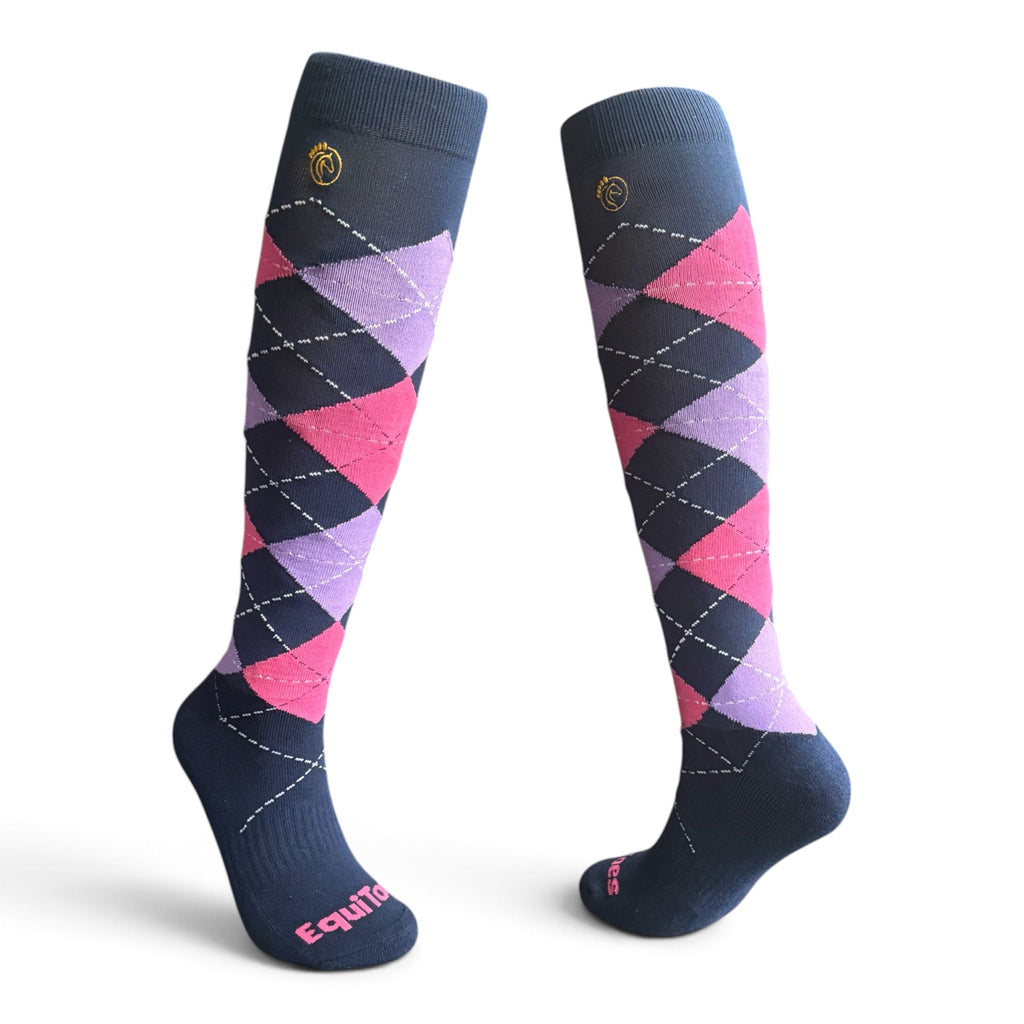 EquiToes Adults Classic Riding Sock Navy and Pink Argyle