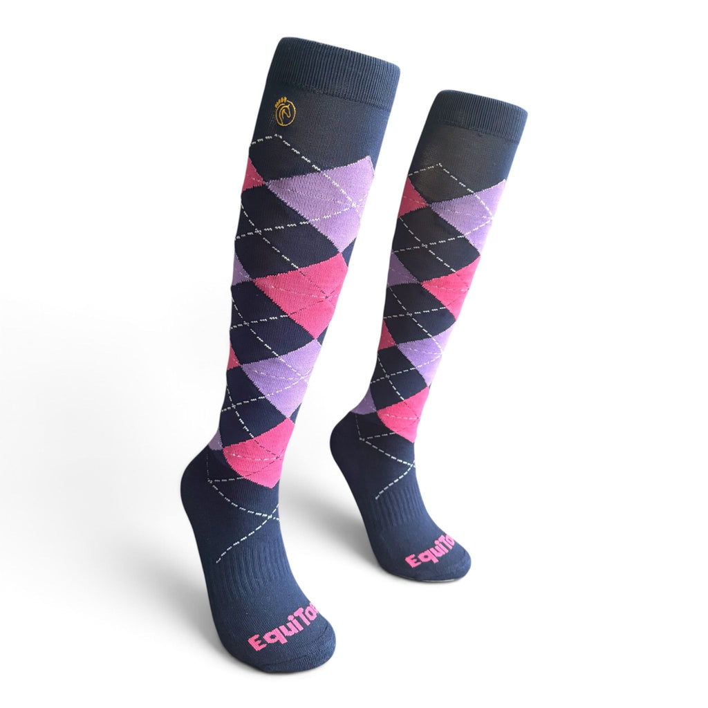 EquiToes Adults Classic Riding Sock Navy and Pink Argyle