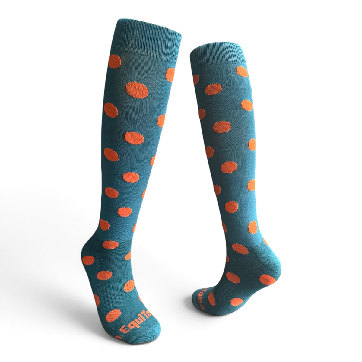 EquiToes Adults Classic Riding Sock Petrol Blue and Burnt Orange Polka dots