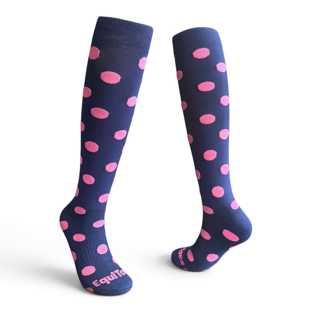 EquiToes Adults Classic Riding Sock Navy and Hot Pink Polka dots